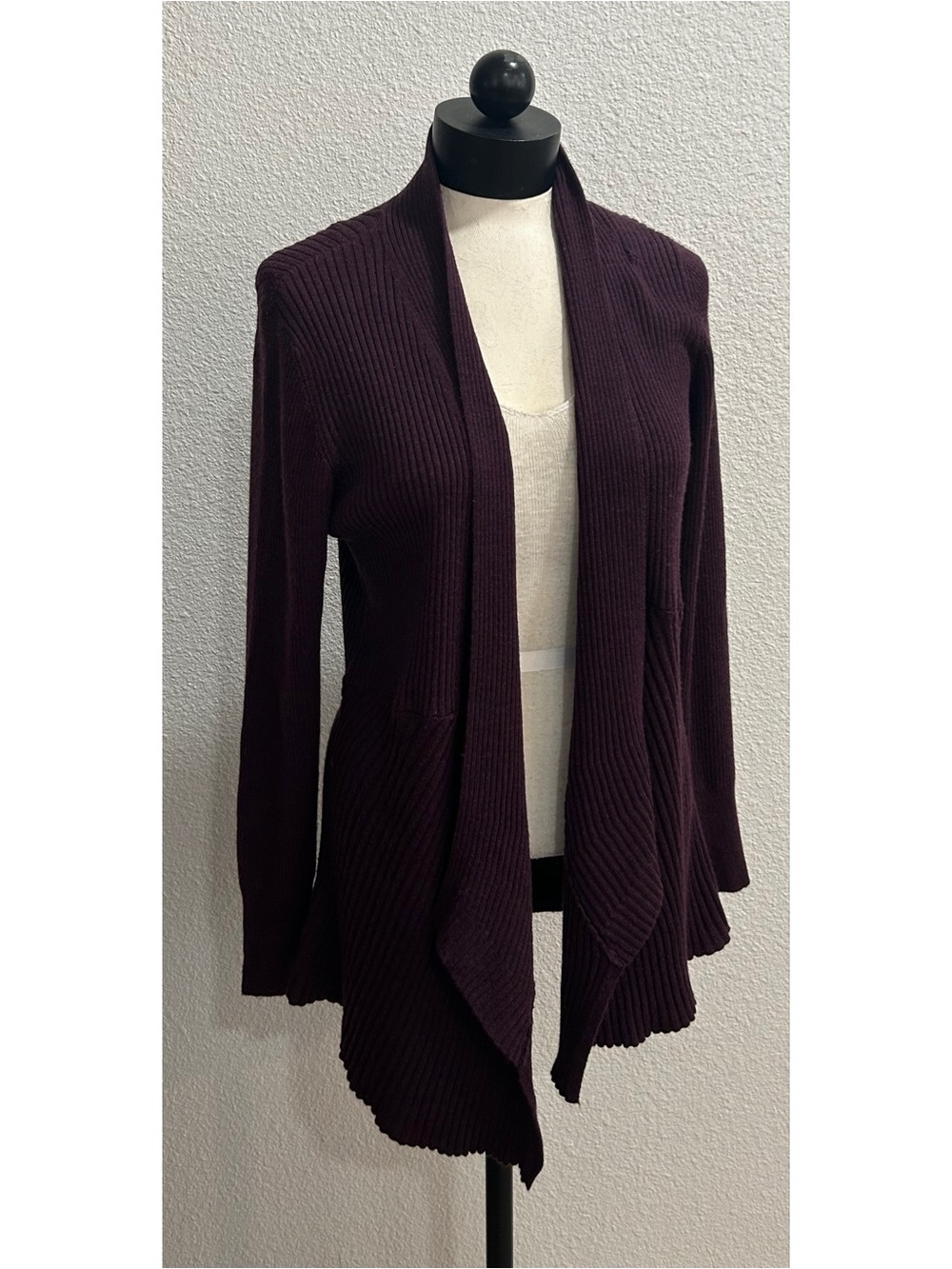 Eileen Fisher Cardigan Sz Medium Dark Purple Grape Ribbed Knit Draped Open Front